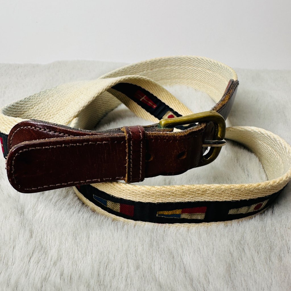 Leather Man Belt Mens 34 Nautical Flags Sailing Boat Essex Ct Usa Brass Buckle